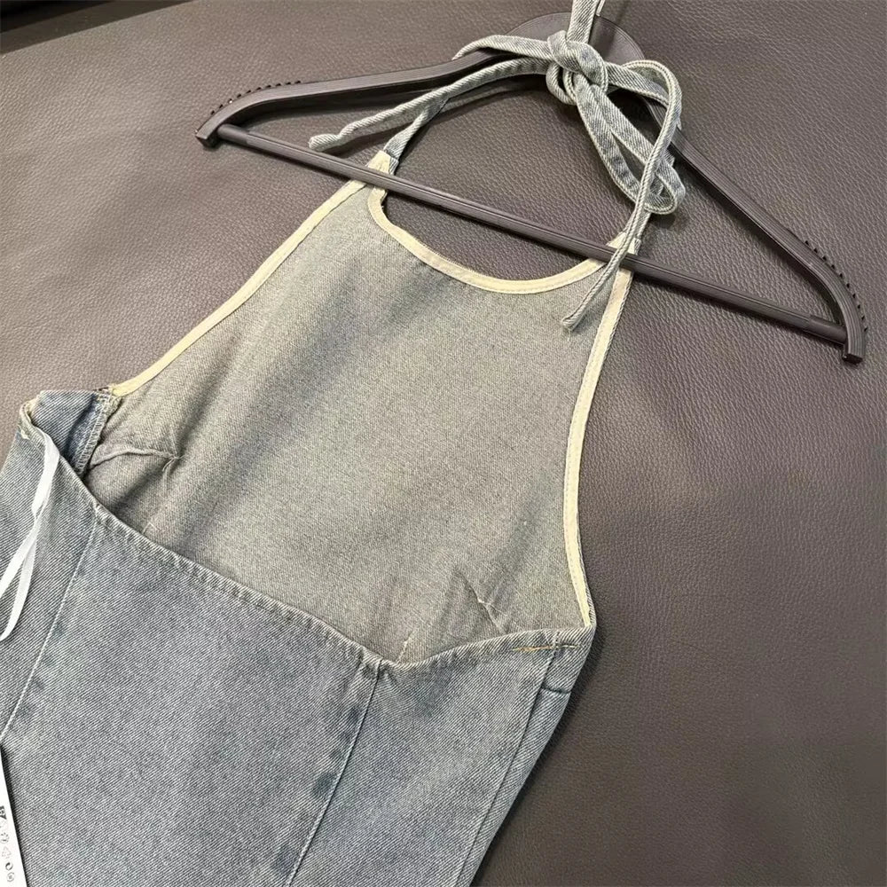 CITSLX Zach Ailsa 2024 Spring New Product Women's Wear Temperament Slim Fit, Sexy, Open Back, Hanging Neck, Strap, Denim Top