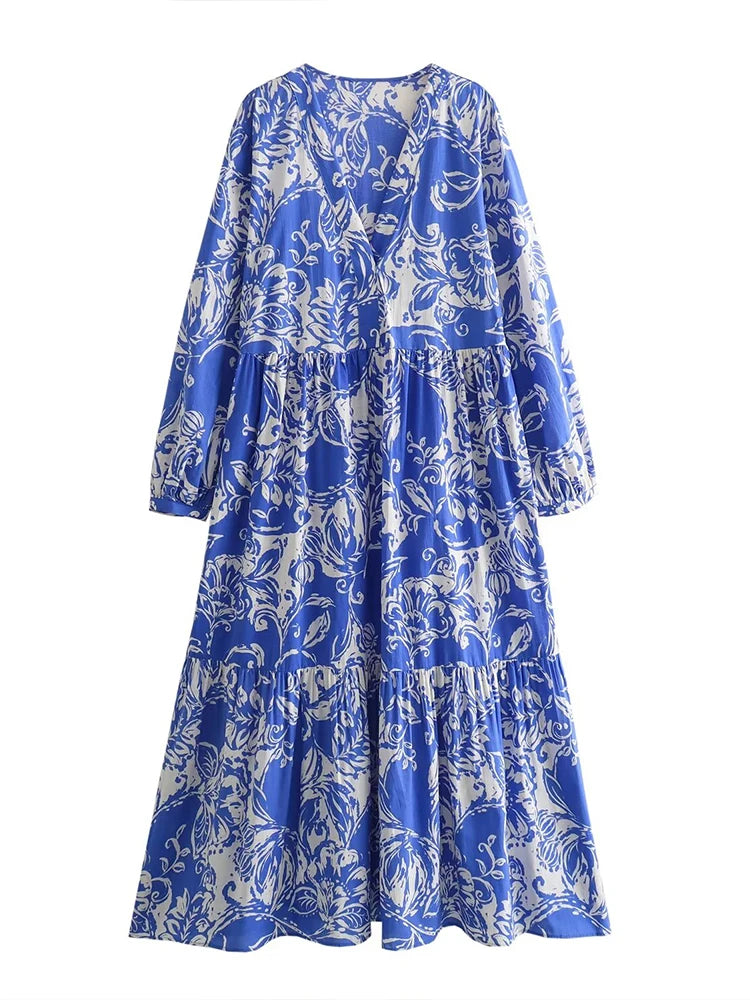 CITSLX ZaracosHm2024 spring and summer new European and American style women's blue V-neck temperament printed layered splicing dress