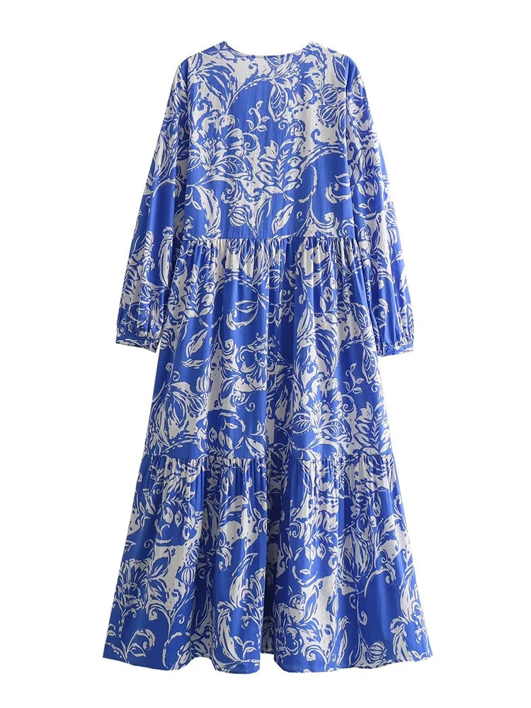 CITSLX ZaracosHm2024 spring and summer new European and American style women's blue V-neck temperament printed layered splicing dress