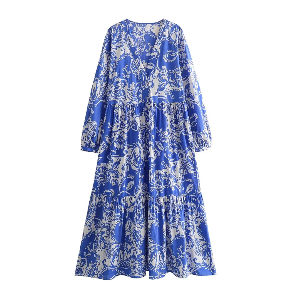 CITSLX ZaracosHm2024 spring and summer new European and American style women's blue V-neck temperament printed layered splicing dress