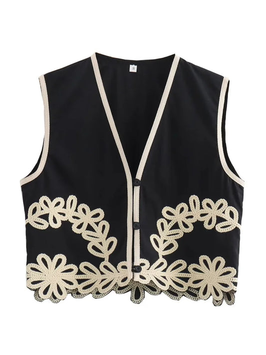 CITSLX Zevity Women Euro Style V Neck Flower Appliques Embroidery Short Vest Jacket Ladies Sleeveless Button Slim WaistCoat Tops CT6207