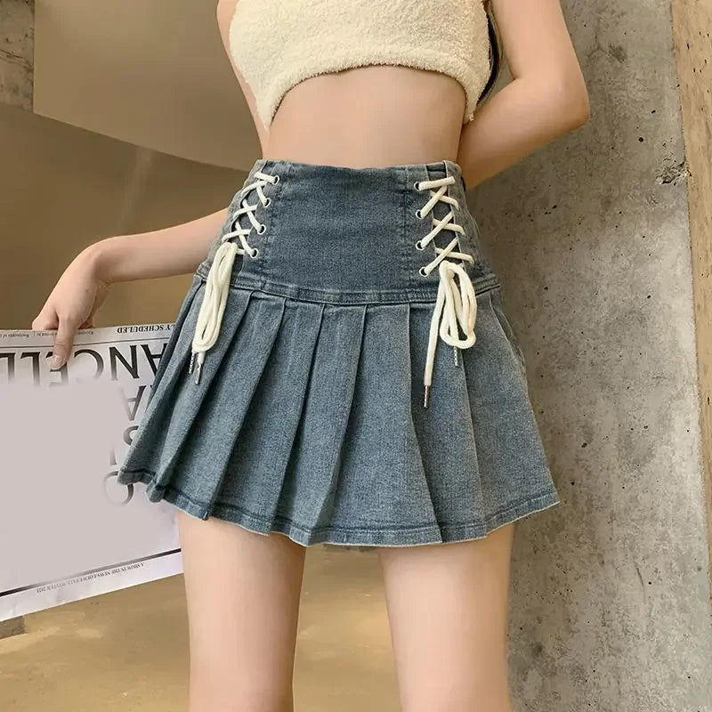 CITSLX Zik Hekiy Denim Pleated Skirt Korean Fashion Women Bandage High Waist A-line Cute Sexy Cargo Jean Mini Skirt Summer Y2k Girl