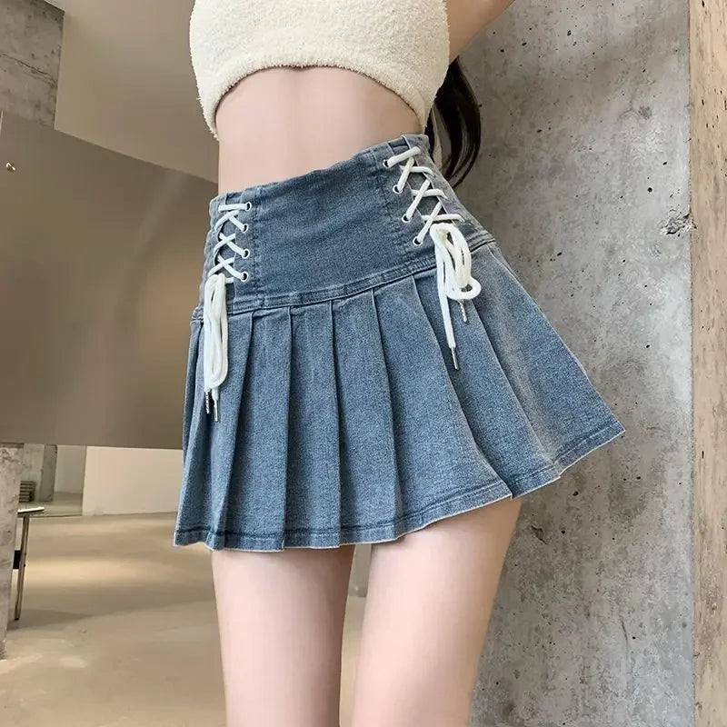 CITSLX Zik Hekiy Denim Pleated Skirt Korean Fashion Women Bandage High Waist A-line Cute Sexy Cargo Jean Mini Skirt Summer Y2k Girl