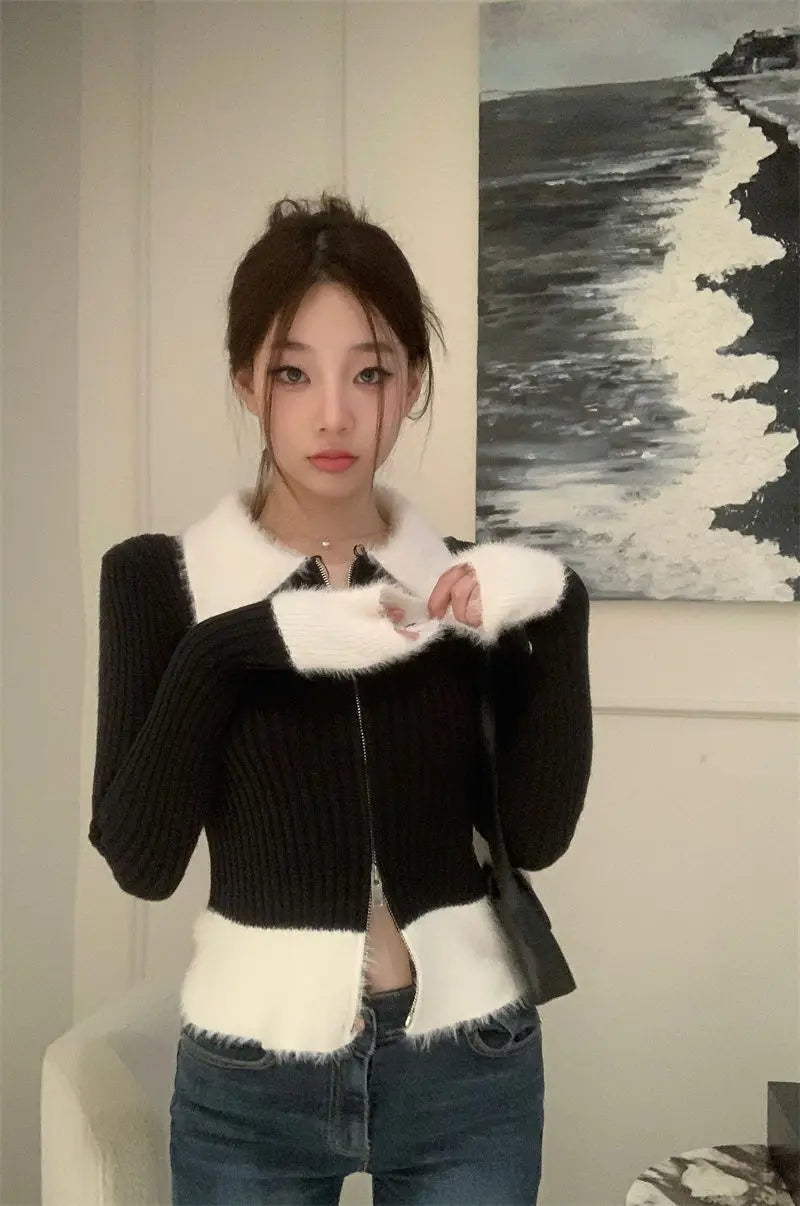 CITSLX Zip Up Ribbed Knit Top with Fuzzy Collared Long Sleeve Crop Sweater Cardigan for Women Teen-girl Y2K 90s Outfit