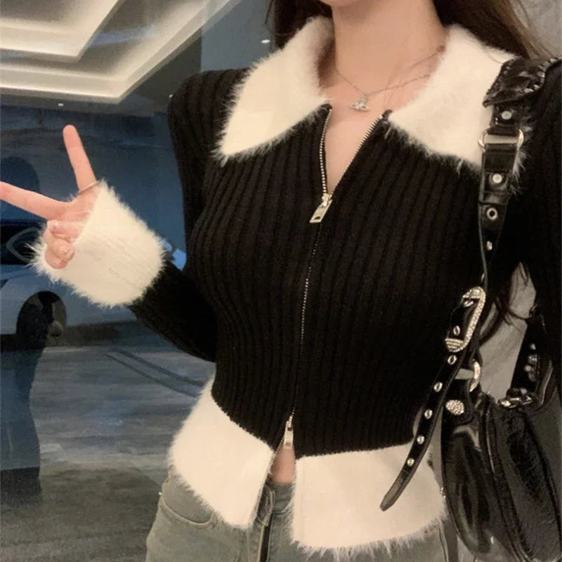 CITSLX Zip Up Ribbed Knit Top with Fuzzy Collared Long Sleeve Crop Sweater Cardigan for Women Teen-girl Y2K 90s Outfit