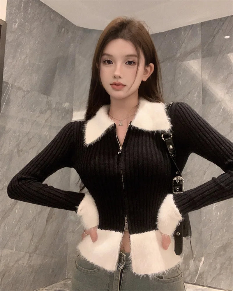 CITSLX Zip Up Ribbed Knit Top with Fuzzy Collared Long Sleeve Crop Sweater Cardigan for Women Teen-girl Y2K 90s Outfit