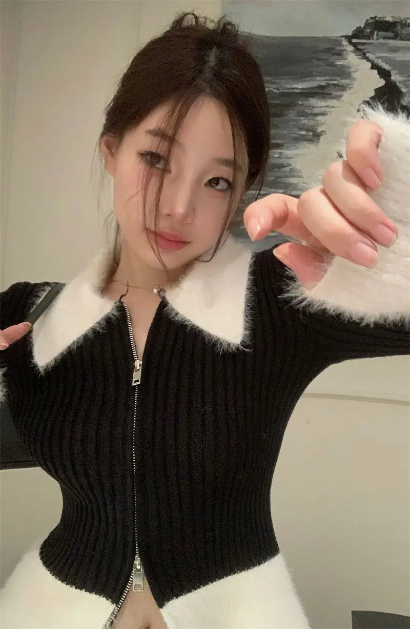 CITSLX Zip Up Ribbed Knit Top with Fuzzy Collared Long Sleeve Crop Sweater Cardigan for Women Teen-girl Y2K 90s Outfit