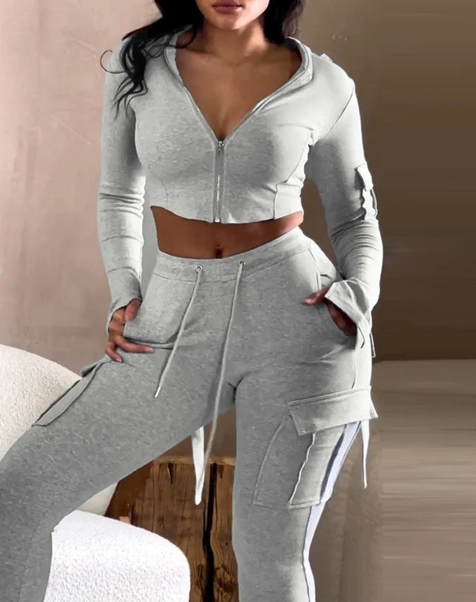 CITSLX Zipper Design with Exposed Navel Hooded Sweatshirt and Drawstring V-Shaped Waistline Work Pants, Sports Pants Long Pants Set