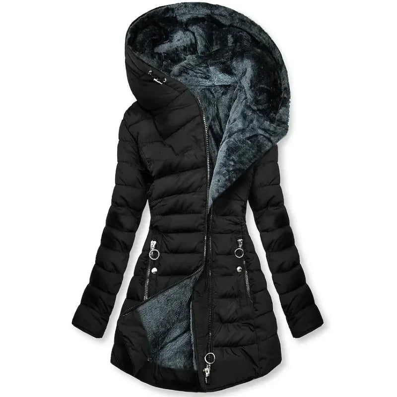 CITSLX Zipper Slim-Fitting Parkas Cotton-Padded Jacket Trend Winter Warm Fur Collar Parkas Clothes Women's Long-Sleeve Hooded Coats