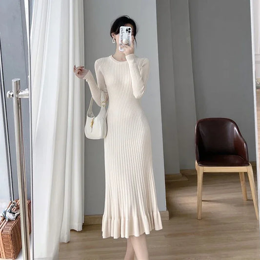 CITSLX Zoki Apricot Knitted Ruffles Dress Women Korean Autumn Elegant Slim Long Sleeve Midi Dress Solid Streetwear Casual A Line Dress