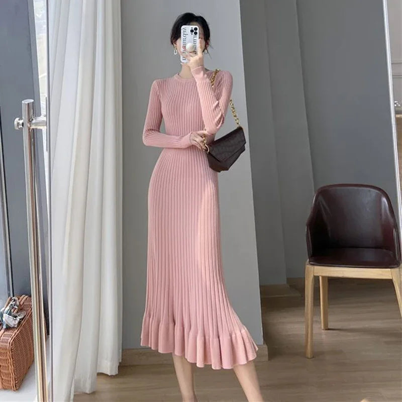 CITSLX Zoki Apricot Knitted Ruffles Dress Women Korean Autumn Elegant Slim Long Sleeve Midi Dress Solid Streetwear Casual A Line Dress