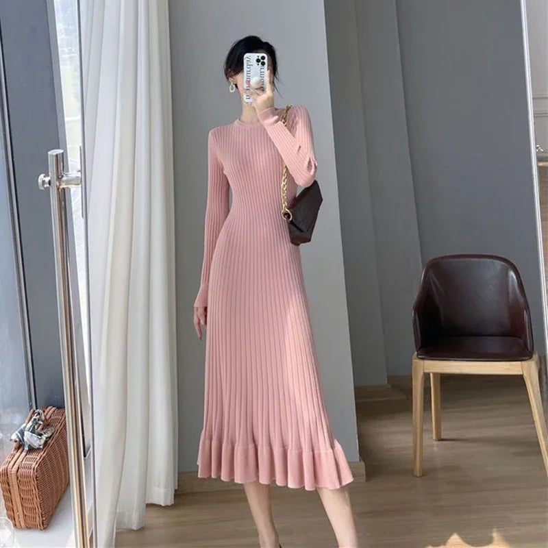 CITSLX Zoki Apricot Knitted Ruffles Dress Women Korean Autumn Elegant Slim Long Sleeve Midi Dress Solid Streetwear Casual A Line Dress