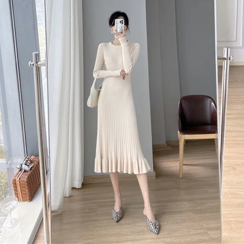 CITSLX Zoki Apricot Knitted Ruffles Dress Women Korean Autumn Elegant Slim Long Sleeve Midi Dress Solid Streetwear Casual A Line Dress