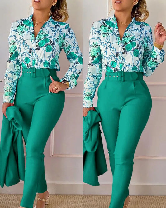 CITSLX elegant print shirt and pants two piece sets women 2024 spring autumn fashion long sleeve shirts high waist pant casual suits