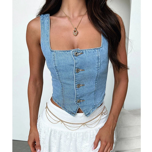 CITSLX hirigin Women Fashion y2k Denim Vest Sleeveless Boat Neck Button Down Crop Jean Tank Top Slim Backless Smocking Aesthetic Vest