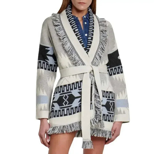 CITSLX white grey oversized knitted cardigan coat fringe hem belted  cardigan women streetwear winter cardigan jacket