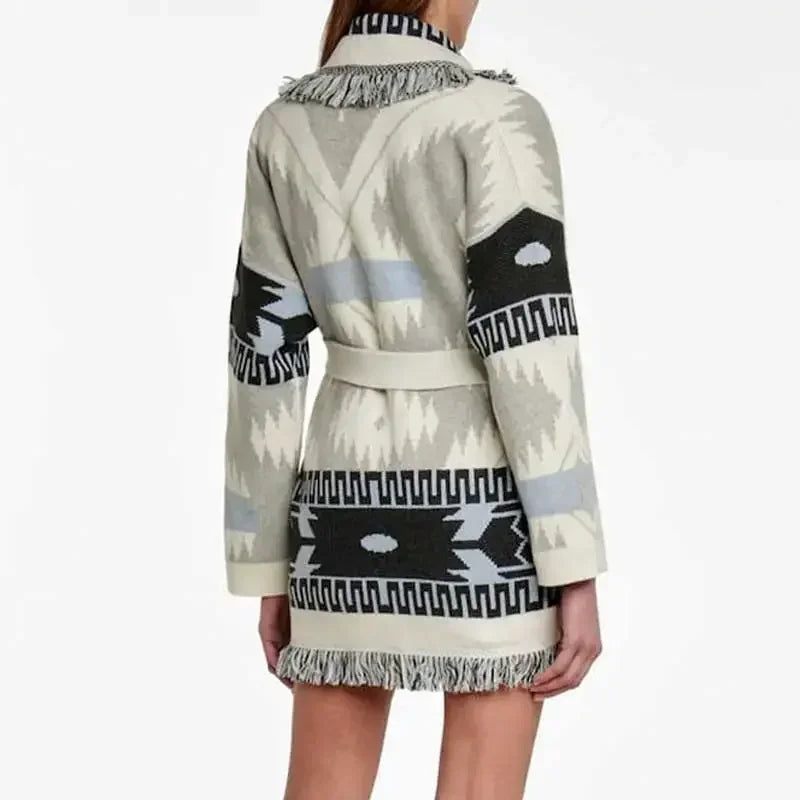 CITSLX white grey oversized knitted cardigan coat fringe hem belted  cardigan women streetwear winter cardigan jacket