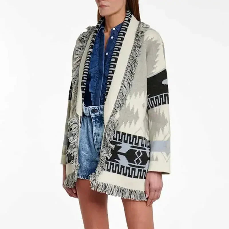 CITSLX white grey oversized knitted cardigan coat fringe hem belted  cardigan women streetwear winter cardigan jacket