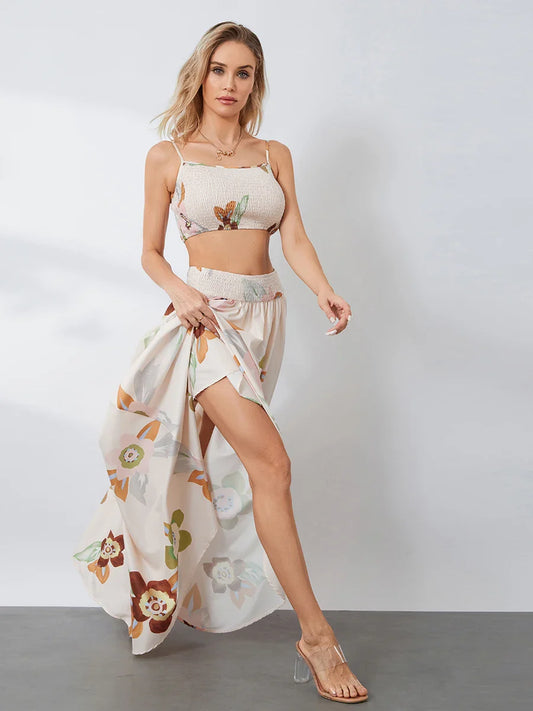 CITSLX wsevypo Floral Print 2 Piece Top Skirt Set Summer Bohemian Backless Slip Cami Tops and Flowy Pleated Long Skirt Beachwear Outfit