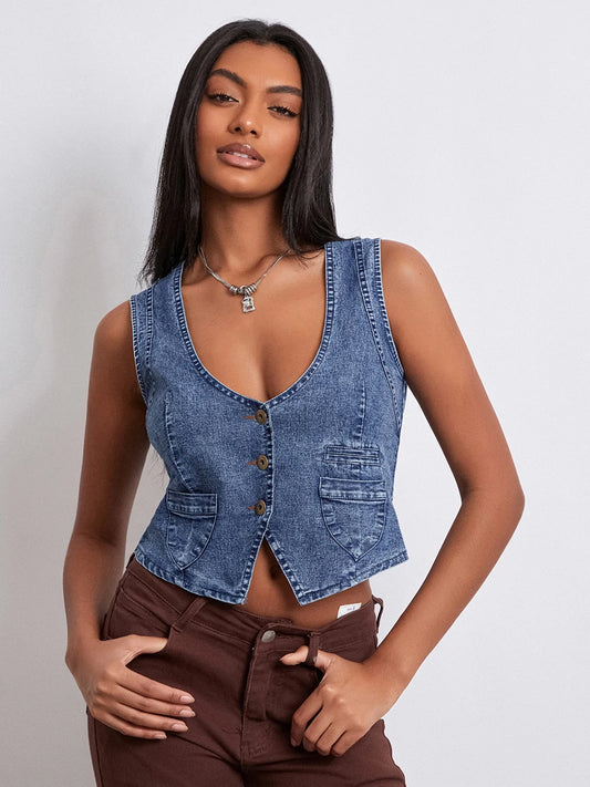 CITSLX wsevypo Retro Sleeveless Jeans Vests 2024 New Fashion Women's V Neck Button down Denim Tank Tops Streetwear Grunge Cropped Tanks