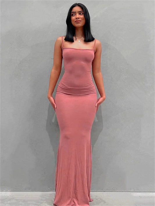 CITSLX wsevypo Spaghetti Strap Bodycon Long Dress Summer 2024 Women Sleeveless Wrapped Fish Tail Dress Solid Color Club Streetwear